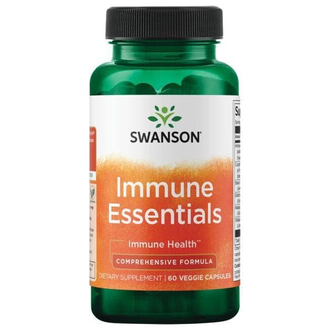 Swanson Immune Essentials label close-up highlights vegetarian, Non-GMO formula.