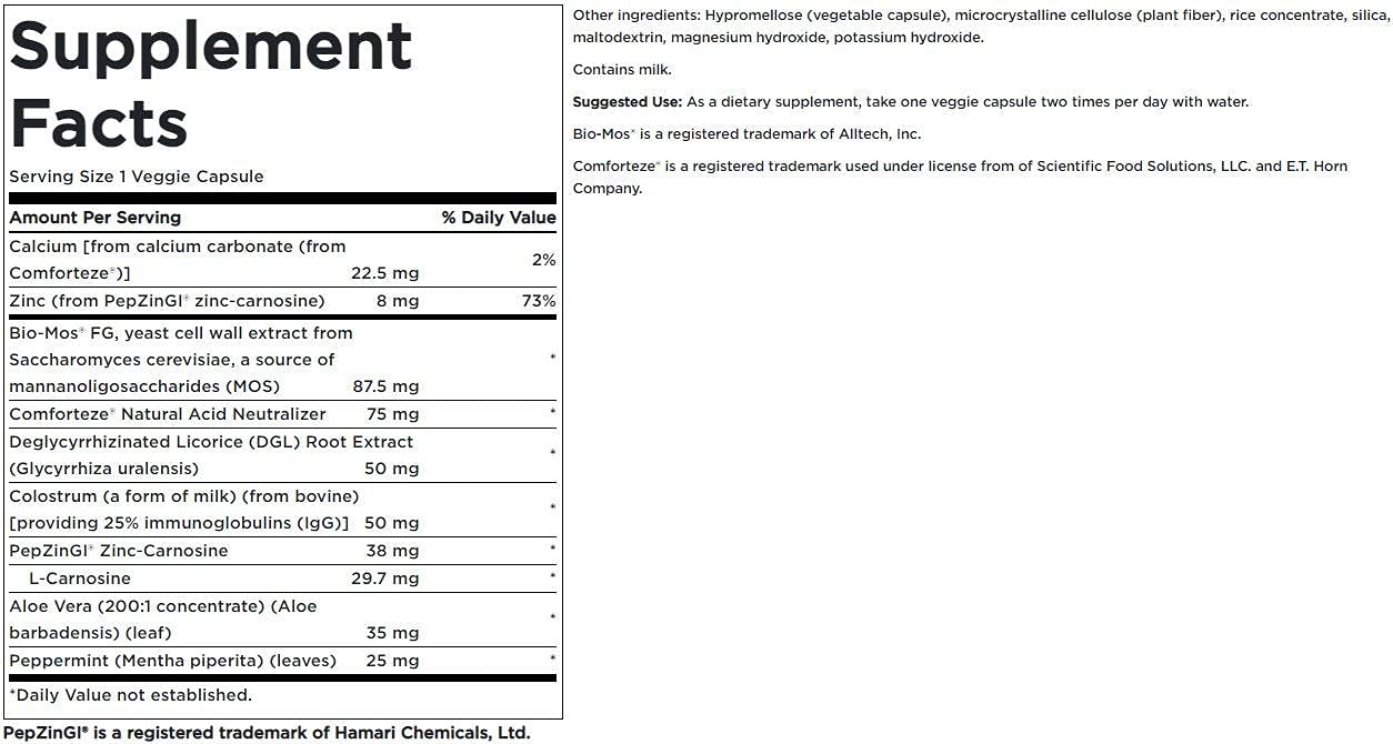 Swanson Stomach Defense Essen label close-up highlighting PepZinGI and vegetarian formula