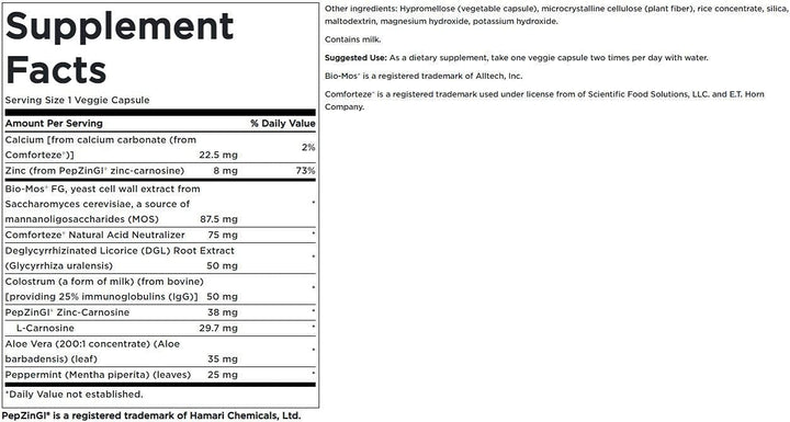Swanson Stomach Defense Essen label close-up highlighting PepZinGI and vegetarian formula