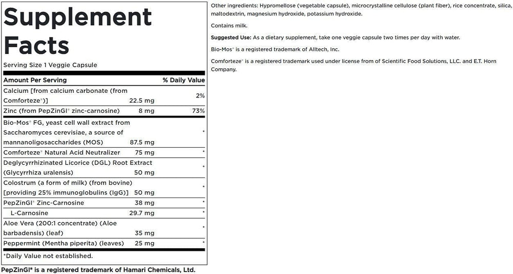 Swanson Stomach Defense Essen label close-up highlighting PepZinGI and vegetarian formula