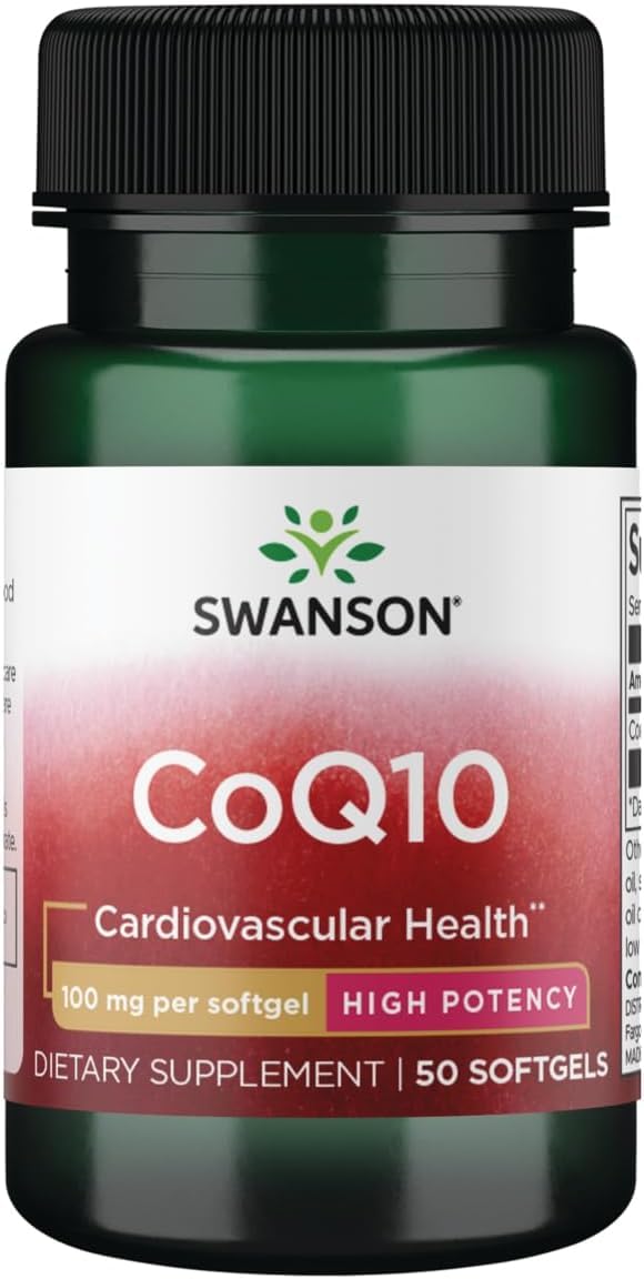 Swanson CoQ10 100 mg softgels bottle shown for energy support and daily wellness.