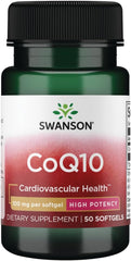 Swanson CoQ10 100 mg softgels bottle shown for energy support and daily wellness.