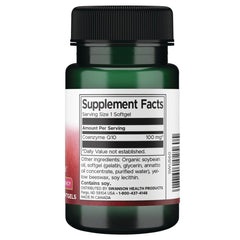 Swanson CoQ10 100 mg softgels label highlights non-GMO quality and GMP-backed stability.