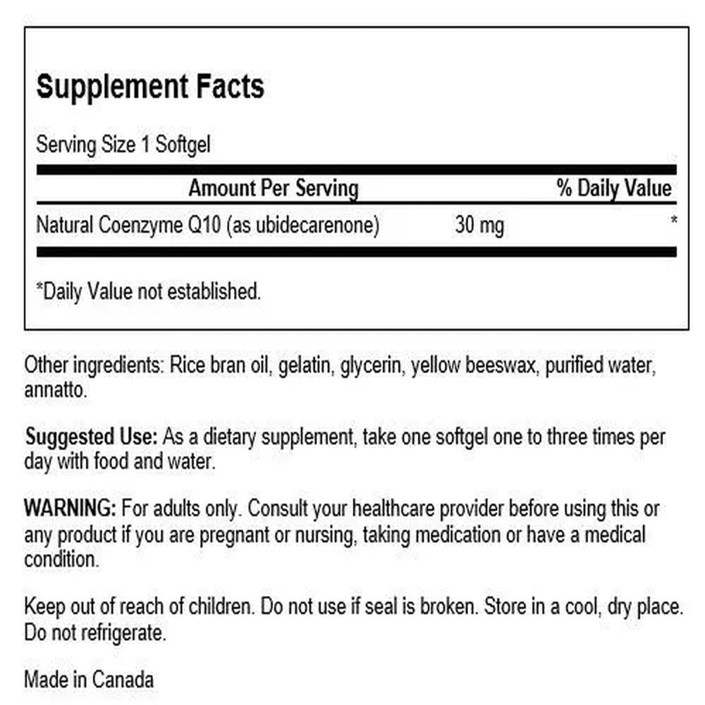 Close-up of Swanson CoQ10 30 mg softgels front label.