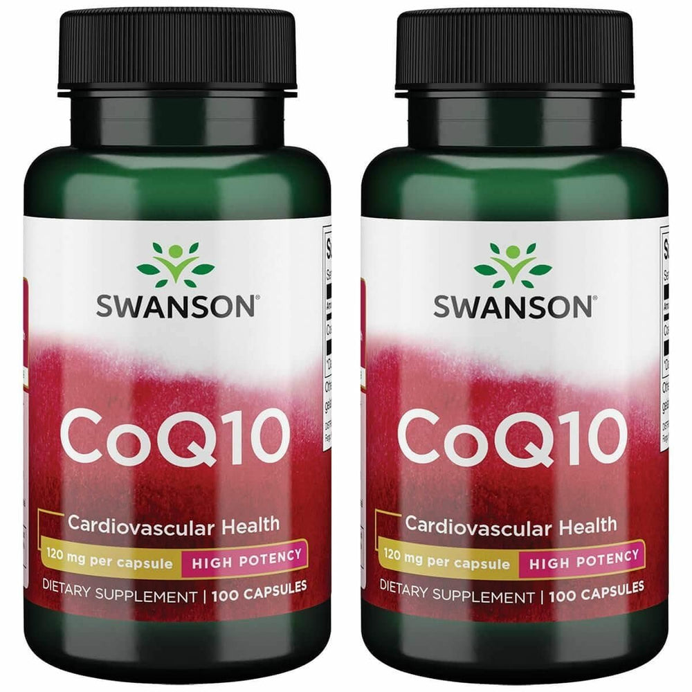 Swanson CoQ10 bottle front with 120 mg capsules for daily energy support.
