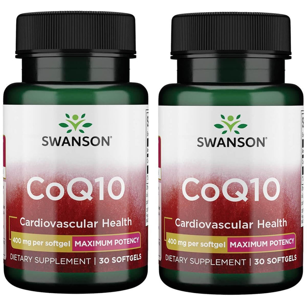 Swanson CoQ10 softgels bottle; supports heart health and energy support for daily wellness.