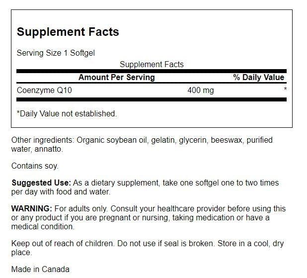Swanson CoQ10 softgels close-up showing energy support benefits.