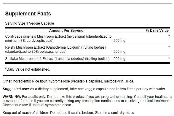 Swanson Cordyceps Complex label close-up with standardized potency for reliable use.