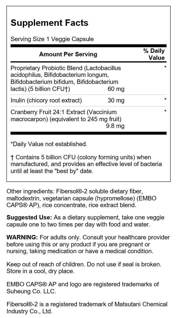 Swanson Cranberry Probiotic bottle closeup highlighting probiotic formula and cranberry extract.