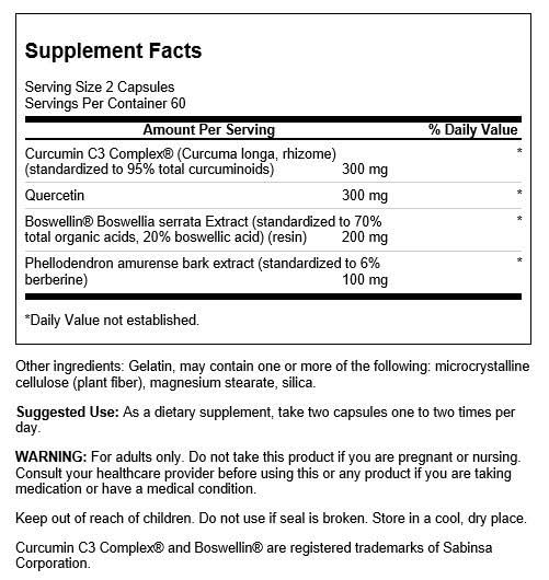 Swanson Curcumin C3 Complex label closeup shows standardized boswellia and curcumin for joint care