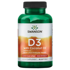 Swanson Vitamin D-3 with Coconut Oil softgels, front view, supports overall health and absorption
