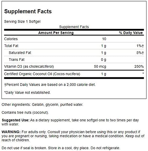 Swanson D-3 coconut oil softgel bottle, label close-up, enhances absorption for daily wellness