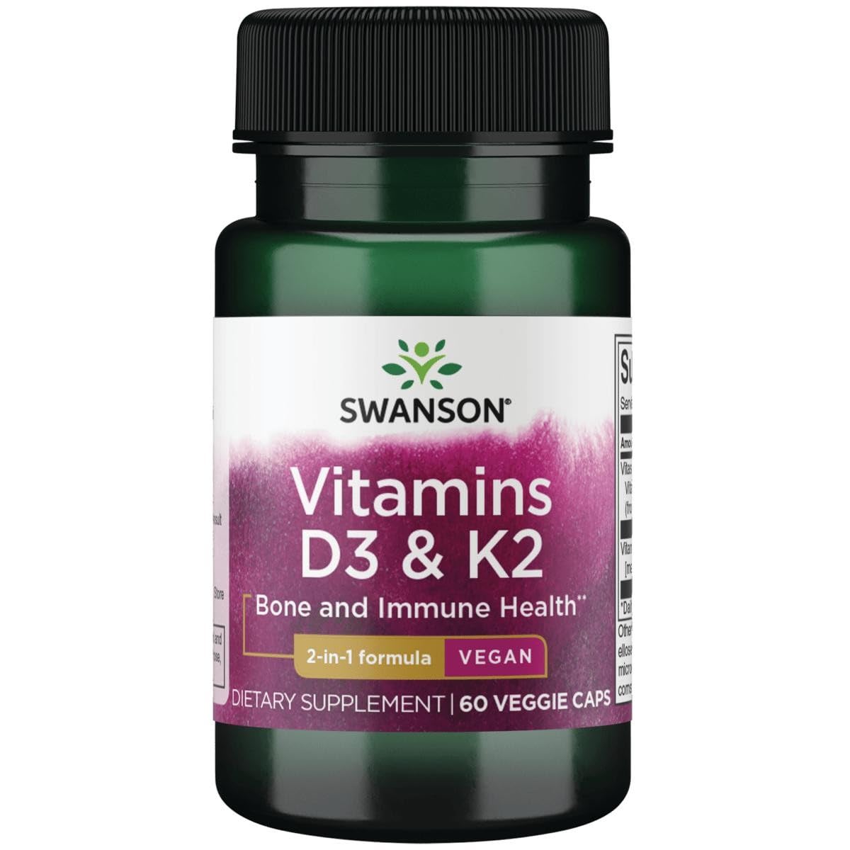 Swanson D3 K2 60-veg-caps bottle supports daily calcium utilization and wellness.