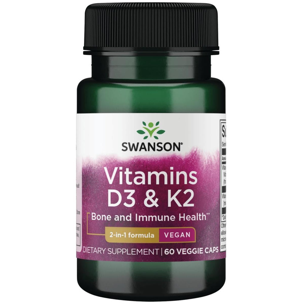 Swanson D3 K2 60-veg-caps bottle supports daily calcium utilization and wellness.