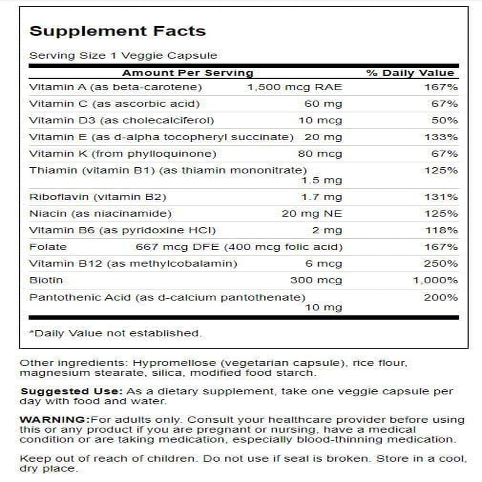 Swanson Daily Multivitamin bottle back showing ingredients overview