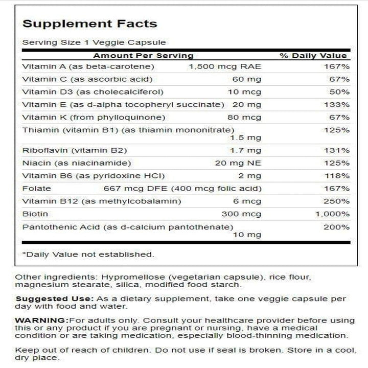 Swanson Daily Multivitamin bottle back showing ingredients overview