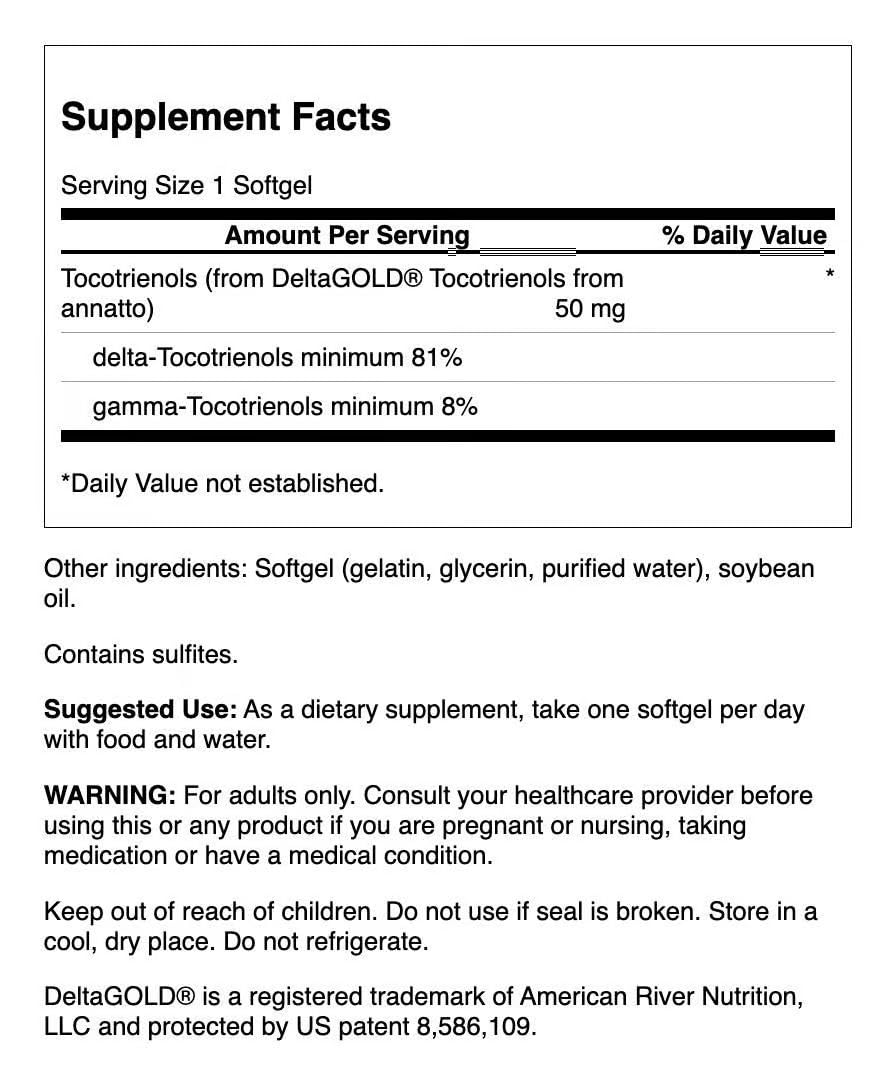 Close-up of Swanson Deltagold softgels, 50 mg per capsule.