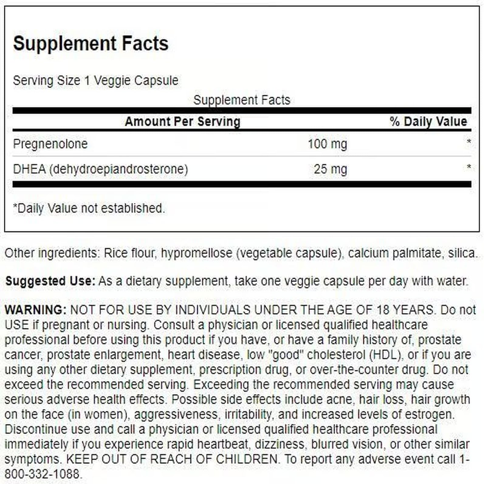 Close-up of Swanson DHEA and Pregnenolone Complex capsules for daily wellness.