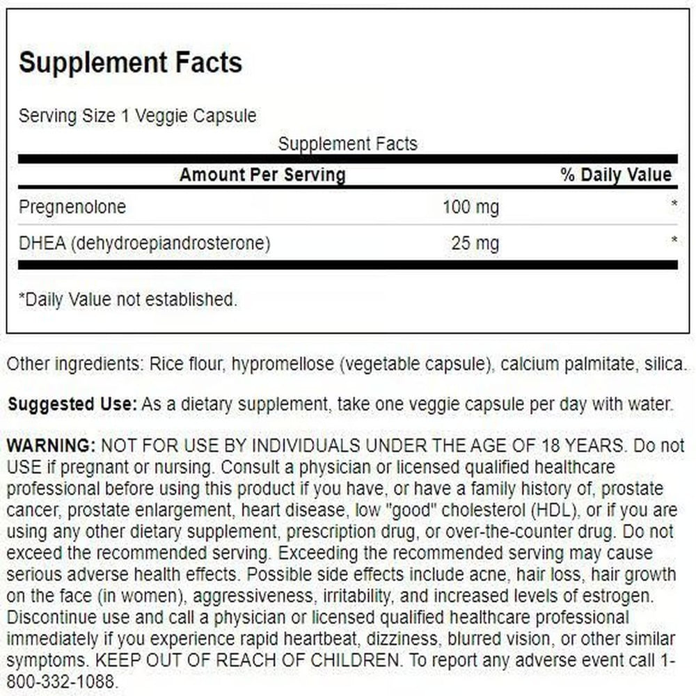 Close-up of Swanson DHEA and Pregnenolone Complex capsules for daily wellness.