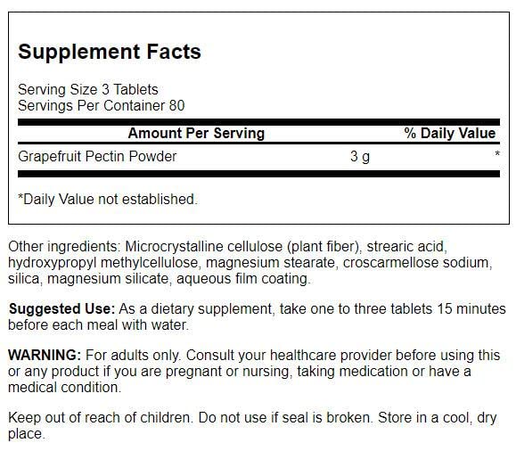 Swanson Diet Grapefruit Pectin 1000mg back label with nutrition details and fiber information