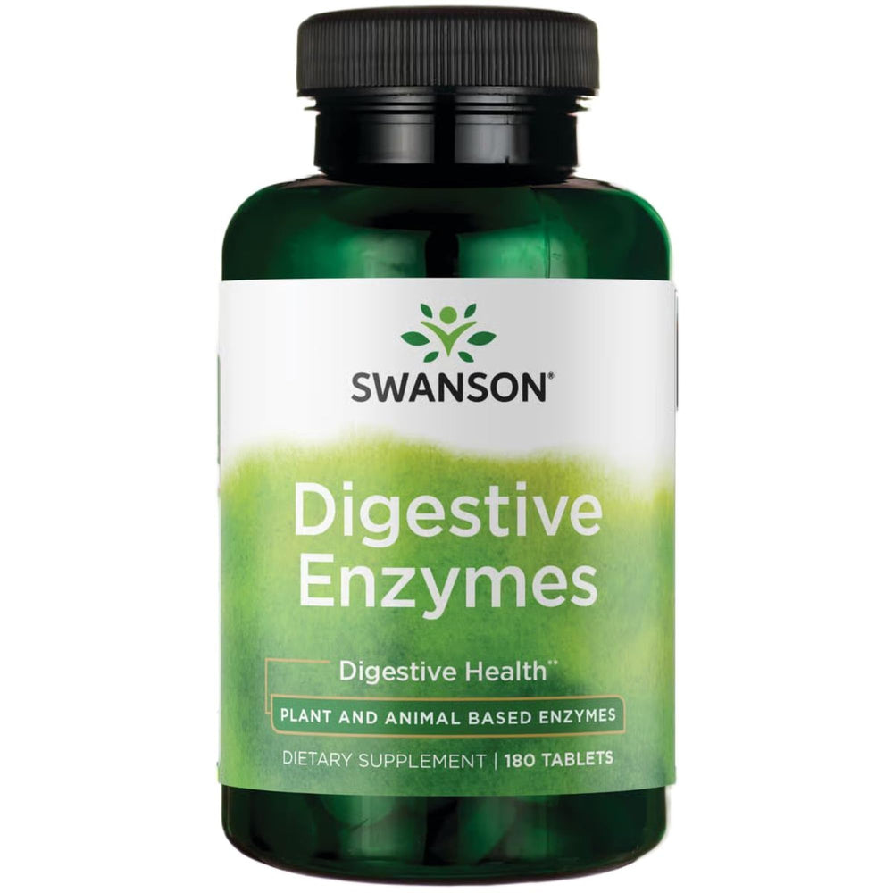 Swanson Digestive Enzymes bottle with tablets showing potential digestion support for carbs, proteins, and fats
