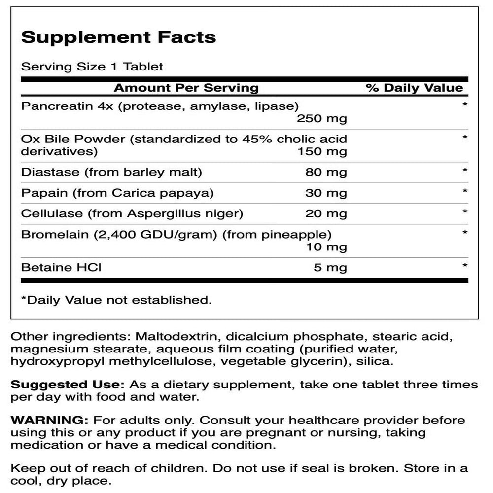 Close-up of Swanson Digestive Enzymes label highlighting plant-based full-spectrum ingredients