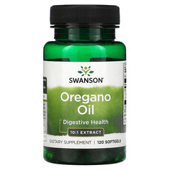 Dosage instruction graphic for Swanson oregano oil softgels with water.