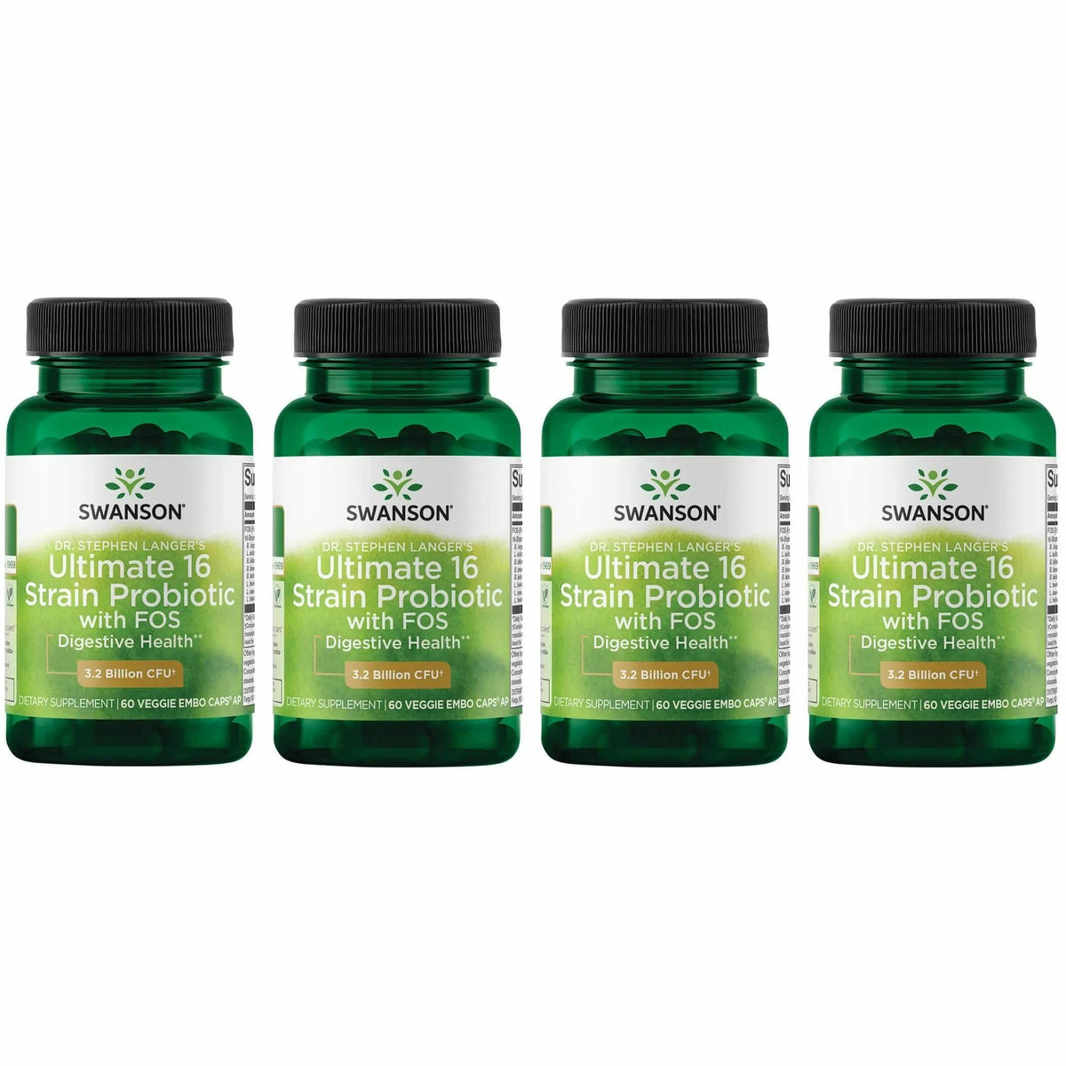 Swanson Dr. Langer probiotic bottle label shows 16 strains for digestive support