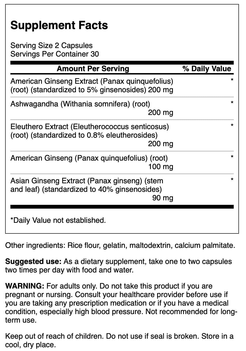 Swanson Dual Ginseng Plus packaging front closeup highlights four adaptogenic herbs for stress support