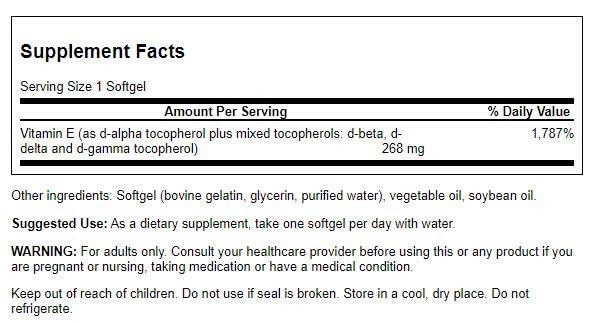 Swanson E-400 softgels poured from bottle for easy daily intake