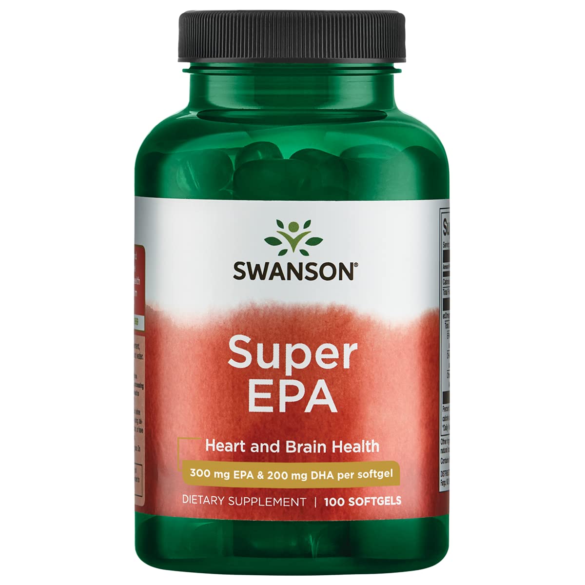Swanson EFA Super EPA 100 softgel bottle with label; supports heart and brain wellness.