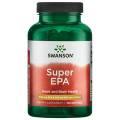 Swanson EFA Super EPA 100 softgel bottle with label; supports heart and brain wellness.