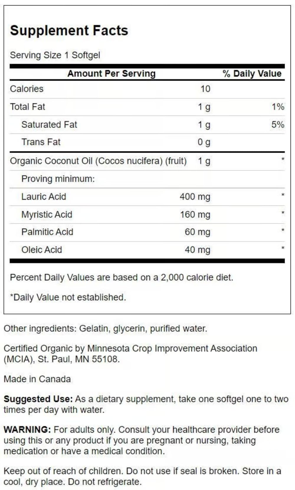Swanson EFAs organic coconut oil label highlighting certified organic source