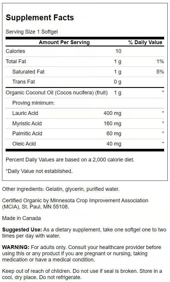 Swanson EFAs Coconut Oil softgels pack front emphasizes organic, natural ingredients.