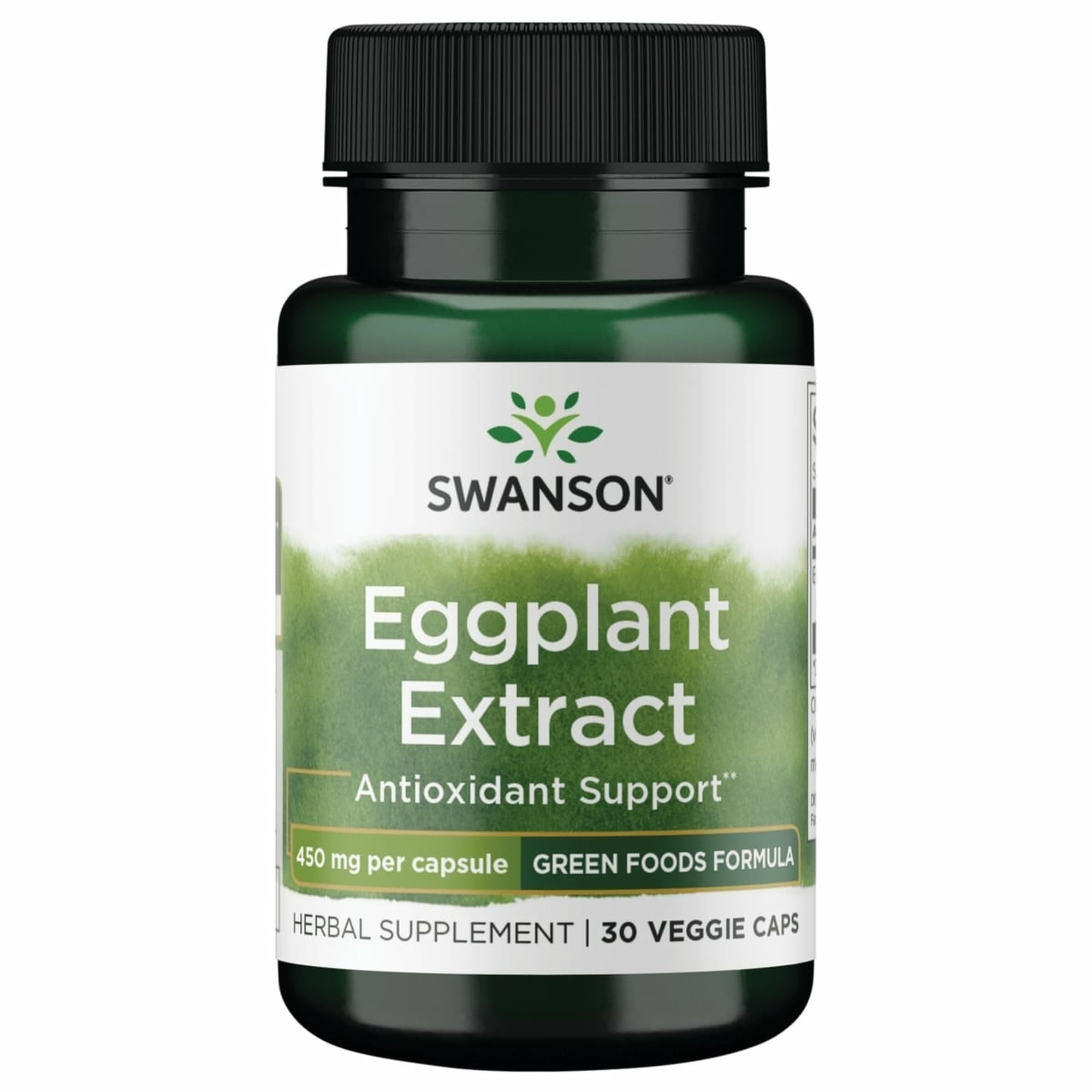 Swanson eggplant extract bottle label, convenient vegetarian supplement for daily routines.