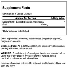 Closeup of Swanson eggplant extract capsule highlighting 2:1 potency.