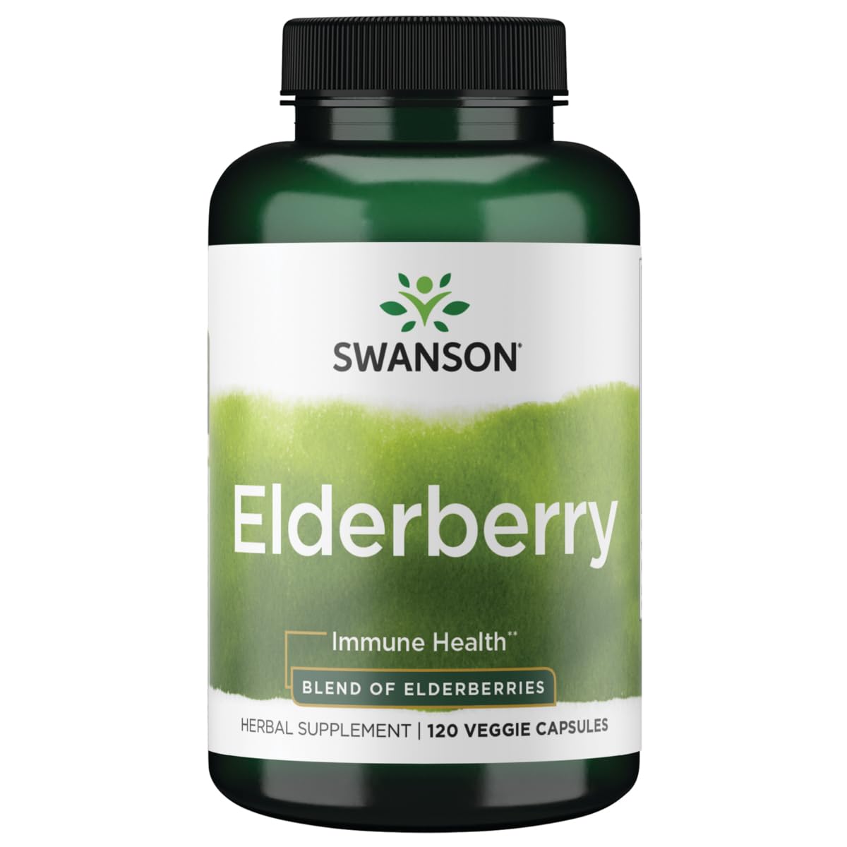 Swanson Elderberry 575 mg capsules bottle highlights immune support and plant-based nutrition.