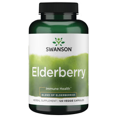 Swanson Elderberry 575 mg capsules bottle highlights immune support and plant-based nutrition.