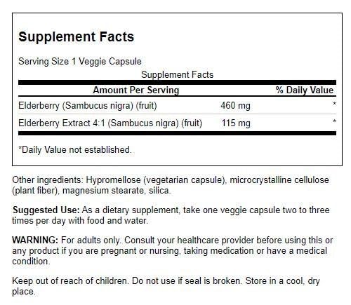 Close-up shows Swanson elderberry packaging with 120 vegetarian capsules for daily immune health.