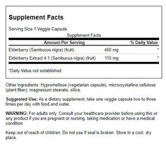 Close-up shows Swanson elderberry packaging with 120 vegetarian capsules for daily immune health.