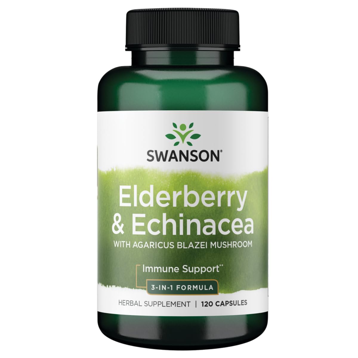 Swanson elderberry-agaricus-echinacea bottle for daily immune support.