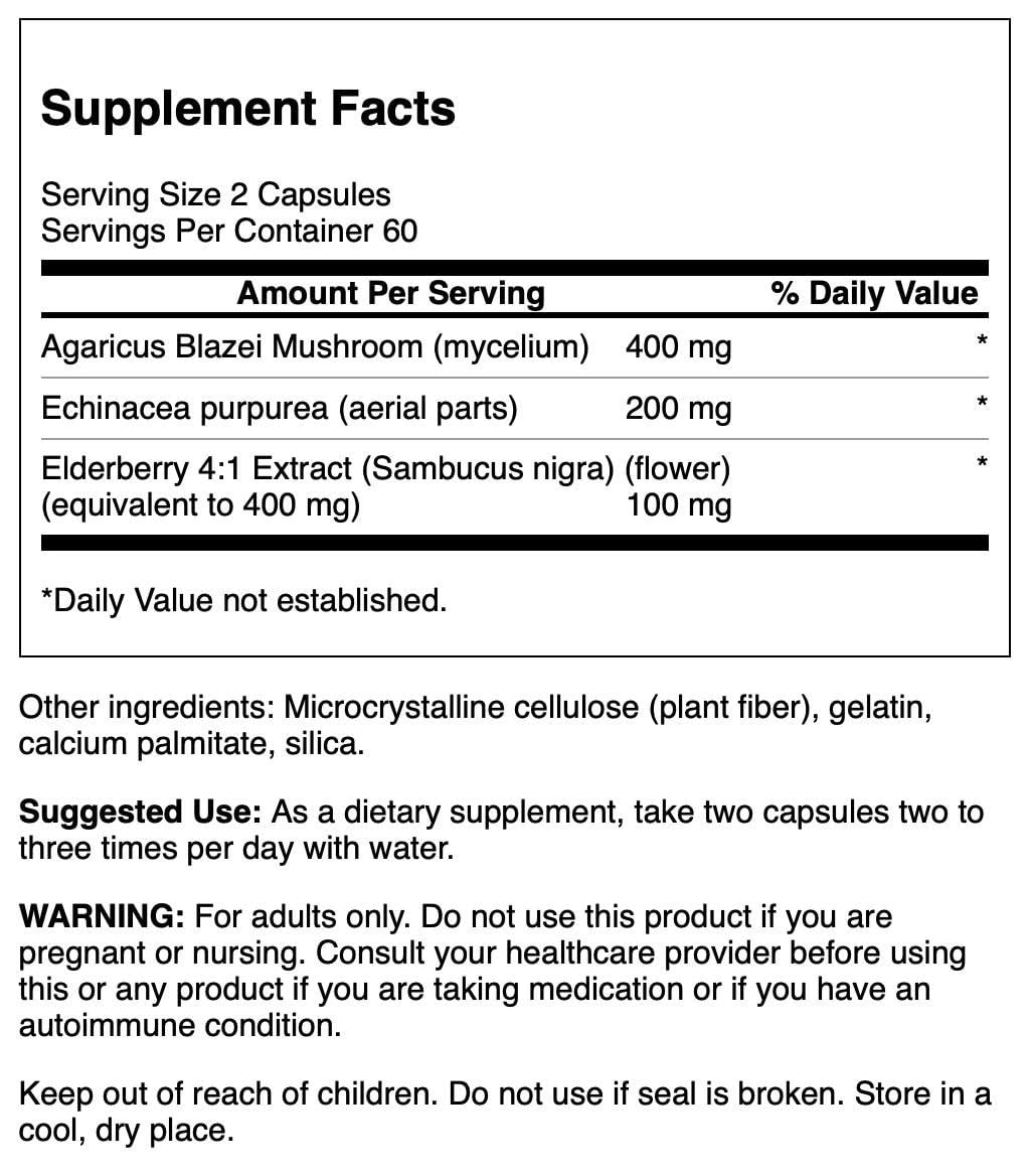Swanson elderberry-agaricus-echinacea capsules support daily immune health.