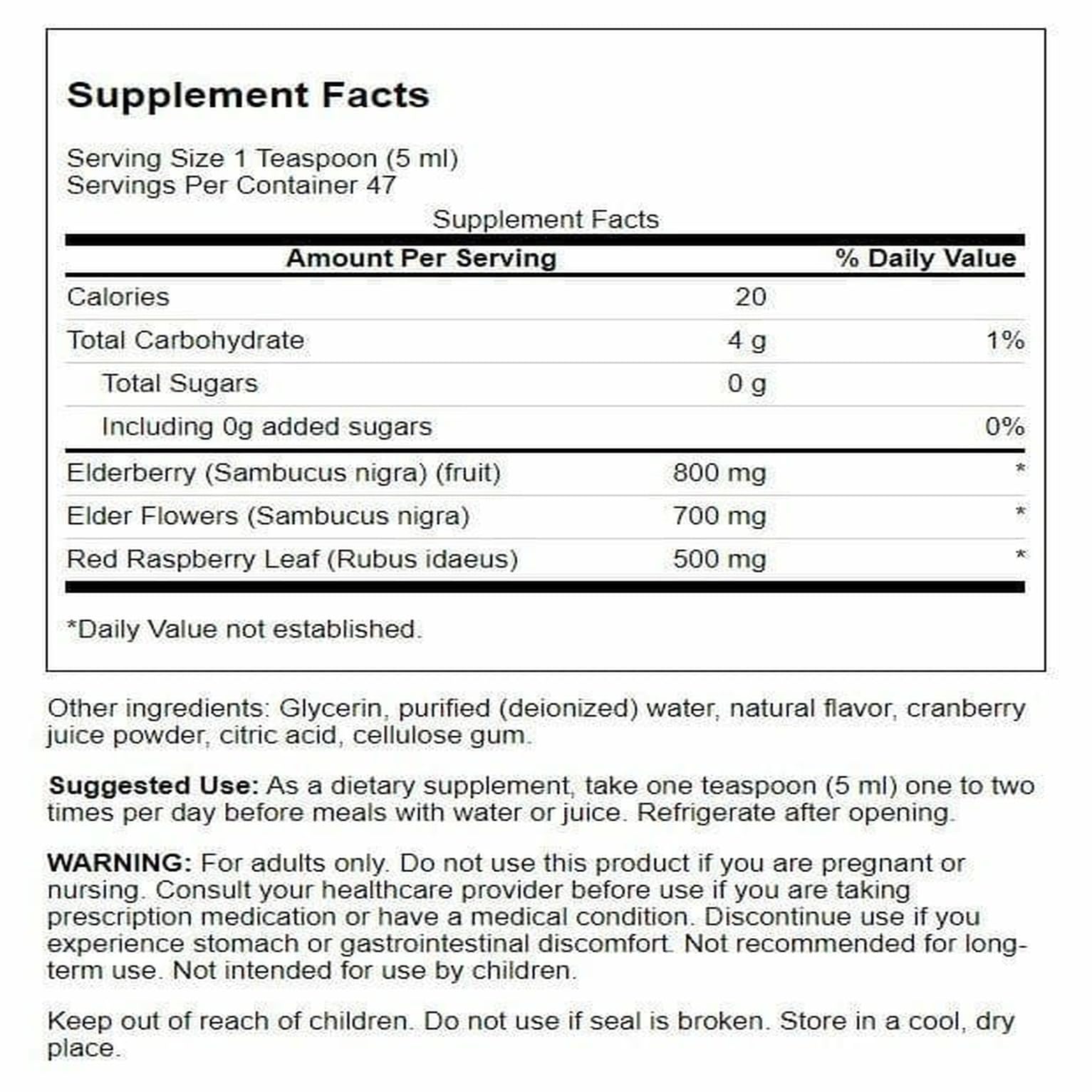 Close-up of Swanson Elderberry Extract Syrup label.