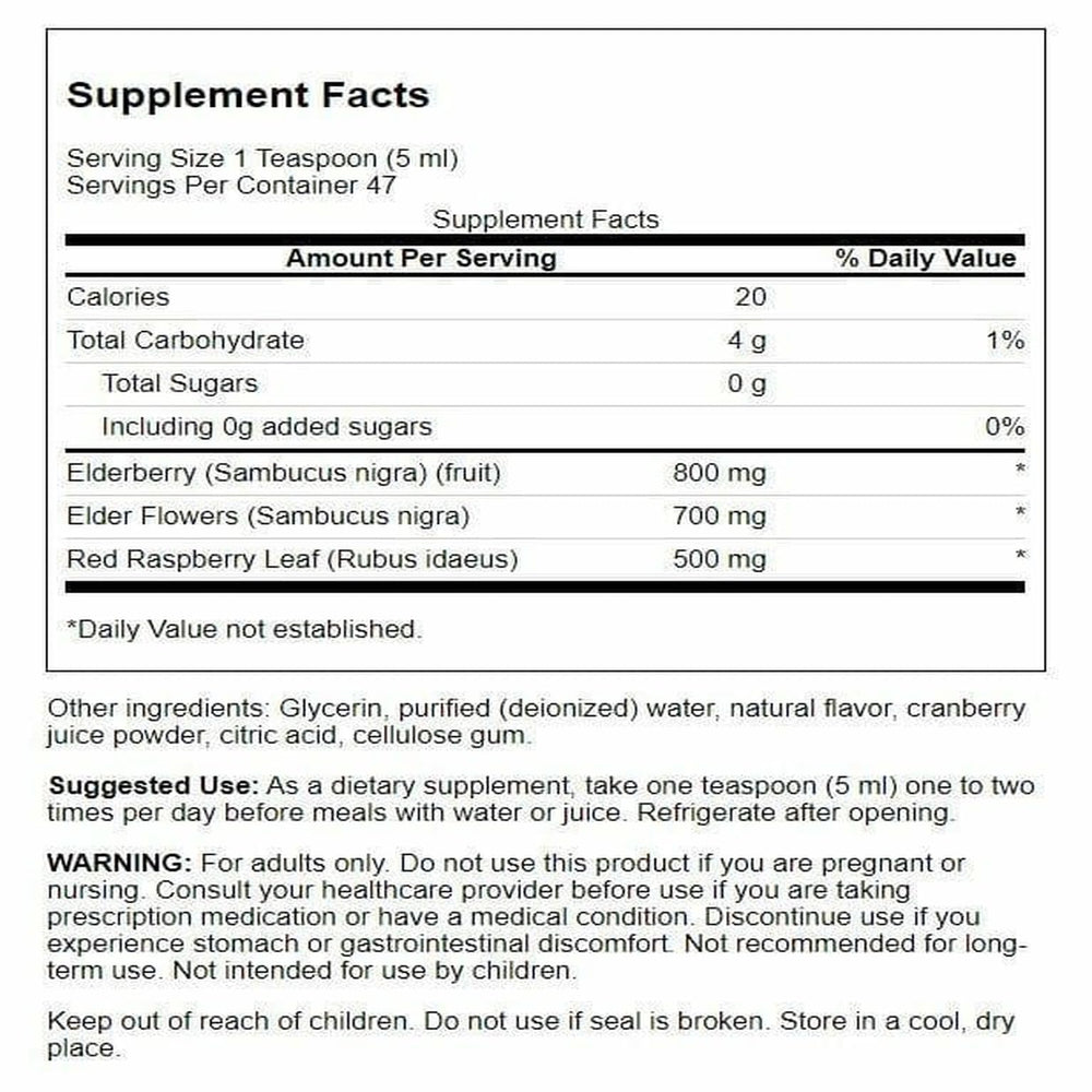 Close-up of Swanson Elderberry Extract Syrup label.
