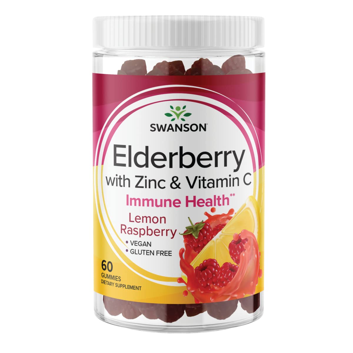 Swanson Elderberry Gummies bottle front with lemon raspberry flavor and immune support benefits.