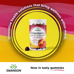 Swanson Elderberry Gummies bottle side highlighting zinc and vitamin C blend for immune health.
