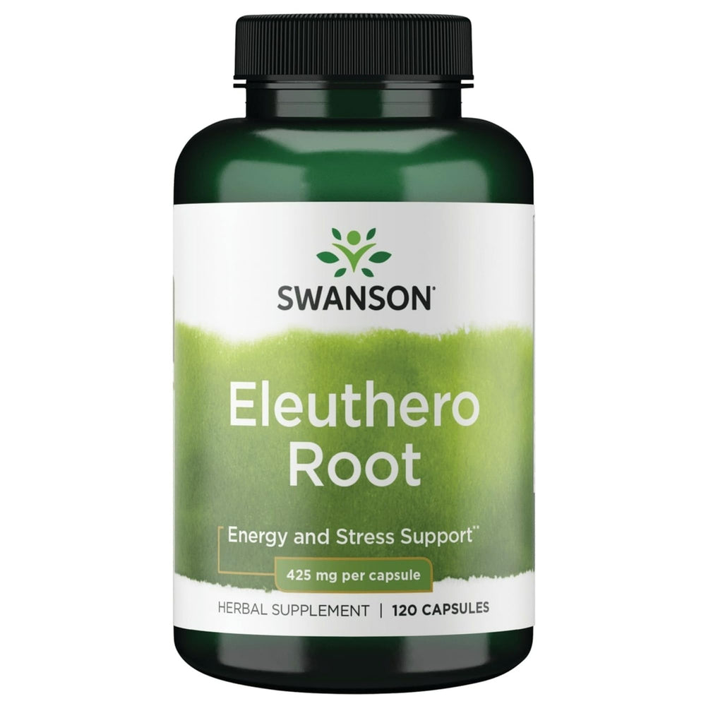 Swanson Eleuthero Root 425mg bottle front promotes steady energy support.