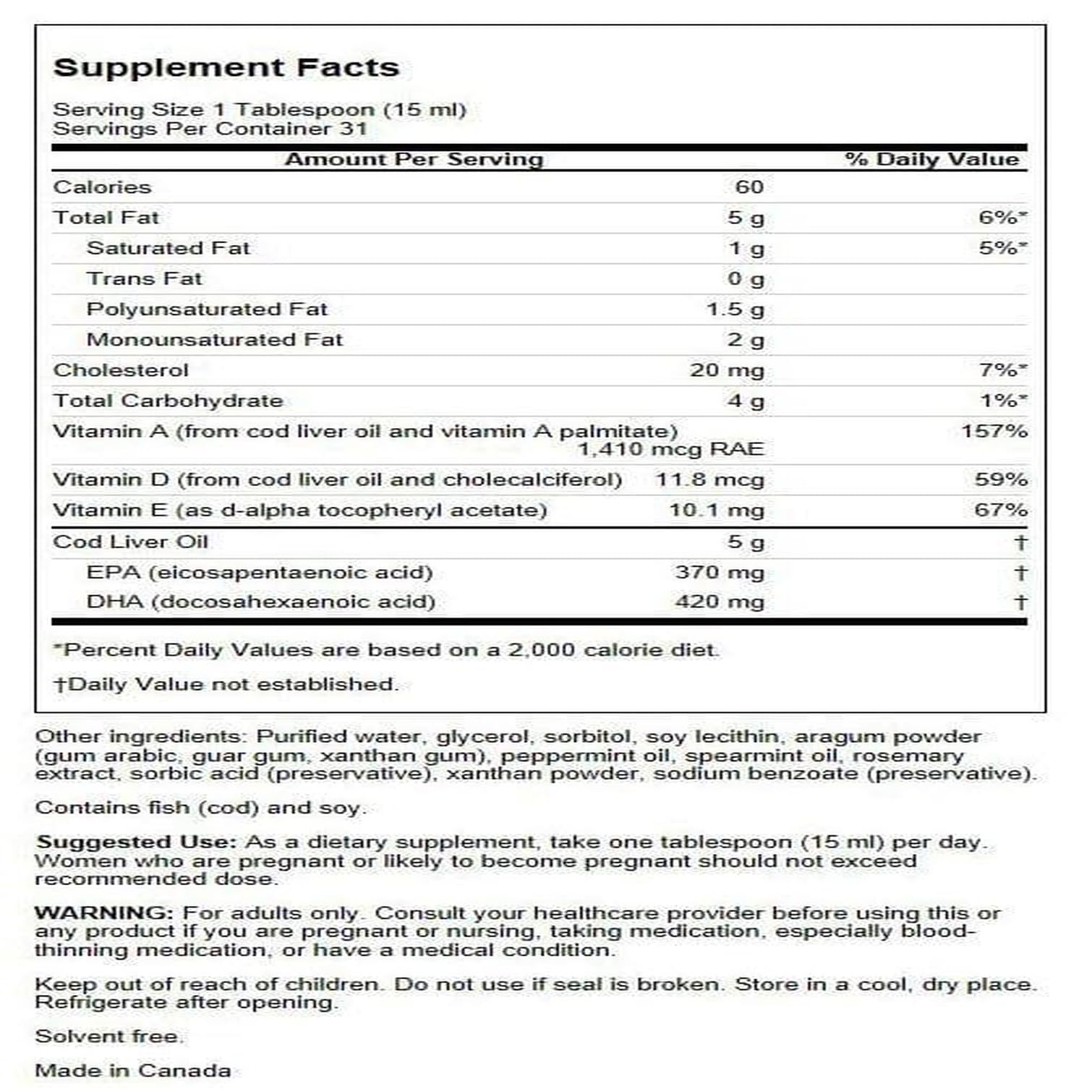 Swanson Emulsified Cod Liver Oil mint bottle label emphasizes formulation and quality