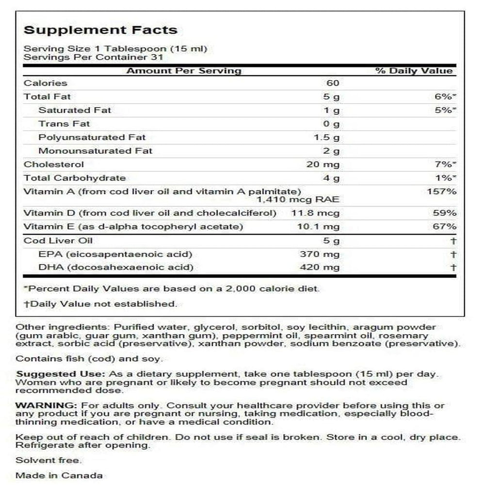 Swanson Emulsified Cod Liver Oil mint bottle label emphasizes formulation and quality