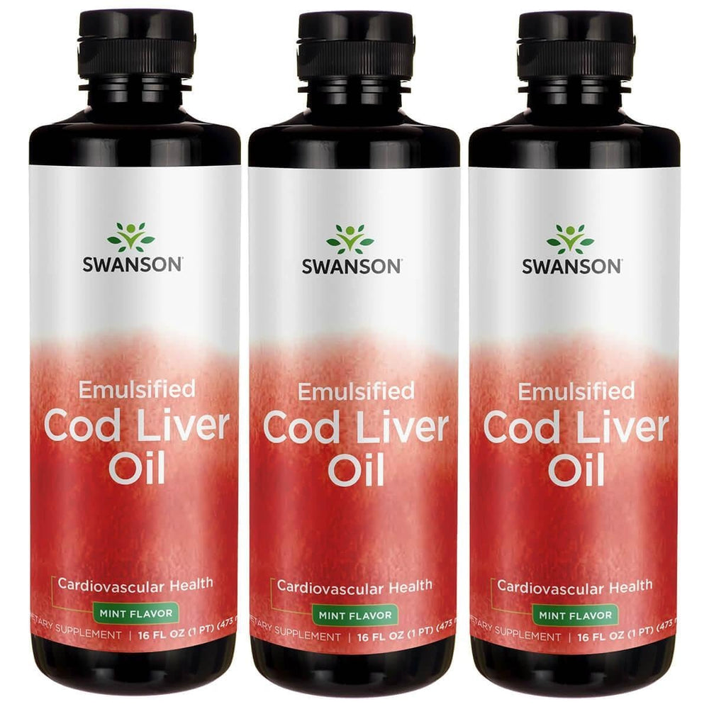 Swanson Emulsified Cod Liver Oil mint bottle pour supports daily omega-3 intake